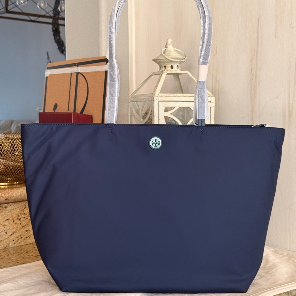 Tory Burch Navy Nylon Tote with Logo Medallion